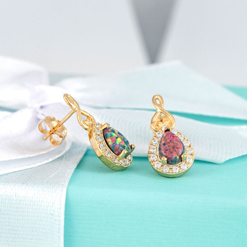 Pear Shape Created Black Opal & Diamond Swirl Heart Earrings in 10k Yellow Gold image number null